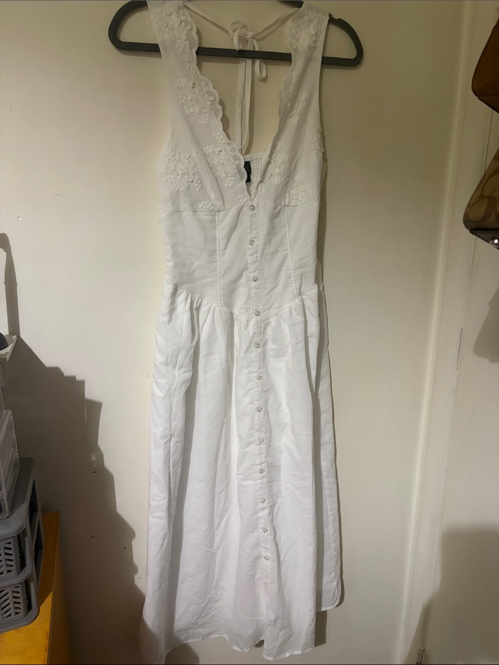 White Sleeveless Button-Front Midi Dress with Lace Trim